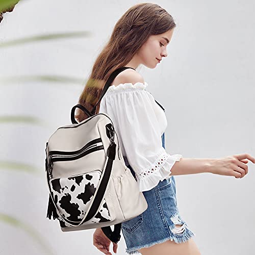 Image of CLUCI Backpack Purse for Women Fashion Leather Designer Travel Large Ladies Shoulder Bags with Tassel, Off-white Milk Pattern, Large,