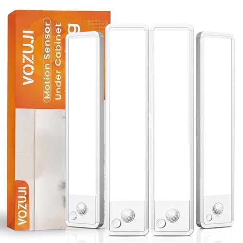 VOZUJI Under Cabinet Rechargeable Lighting: 8 Inch Motion Sensor Dimmable Lights Indoor - Battery Operated Lights - Wireless Closet Light Magnetic Led Light for Kitchen Home Bathroom Counter 4 Pack