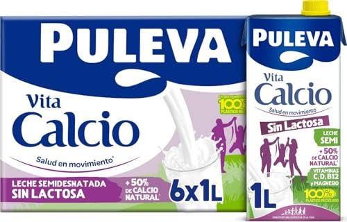 Puleva Vita Calcio - Leche Semidesnatada Enriquecida con Calcio, Sin Lactosa, Magnesio, Proteínas y Vitaminas A, D, C, K y B12, Sin Gluten y Sin Azúcares Añadidos, Pack 6 x 1L