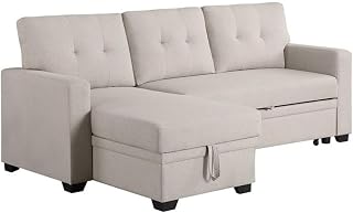 Devion Furniture L-Shaped Polyester Fabric Reversible, Easy Convertible Pull-Out Sleeper Sectional Sofa/Storage Chaise with Tufted Back Cushions and Track Arms in Beige