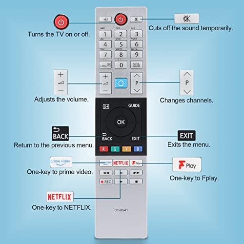 Replacement for Toshiba Remote Control, YiBiChin CT-8541 RC42150P Remote Control Compatible with Toshiba Smart TVs LCD LED UHD, with Prime Video, NETFLIX and Fplay Shortcut Buttons, No Setup Required