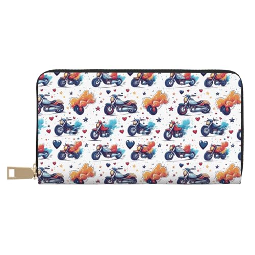 Leather Thin Slim Wallets for Women Men - Fashion Colorful Cartoon Motorcycle Print Card Wallet Holder with Zipper