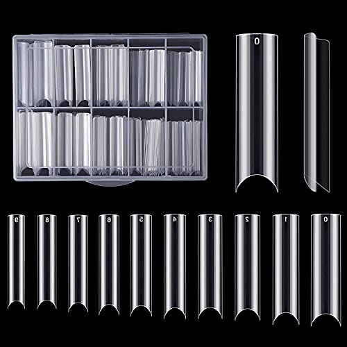 Extra Long C Curve Fake Nail Tips Beainfir 200Pcs Acrylic Nail Tips Square Clear Half Cover Nail Tips Artificial French Tip Press on Nails False Nails with Box, 10 Size