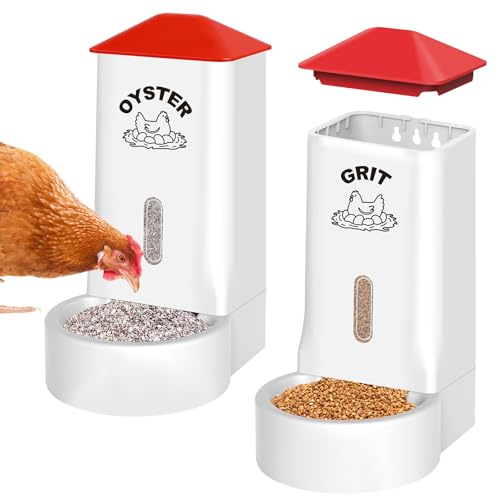 2Pack Oyster Shell and Grit Feeder Combo PVC Chicken Feeder with Viewing Window/Lid Hanging Gravity Chicken Grit Feeder Coop Accessories for Healthier Hens and Eggs
