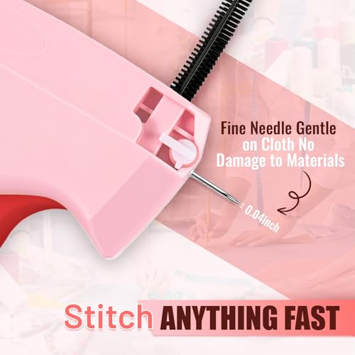 Image of Stitch Gun for Clothes - Handheld Stitch Gun Quick Clothing Fixer - Tagging Gun for Clothing, Sewing Kit-Includes 6 Needle, 1000 Black Fasteners & 1000 White Fasteners (Pink Red)