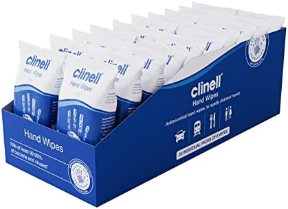 Clinell Antimicrobial Hand Wipes Ideal for Travel - 20 Packs of 8 Wipes - Dermatologically Tested, Kills 99.99% of bacteria & viruses