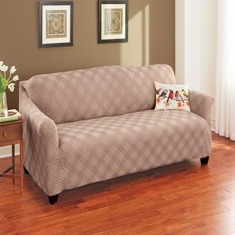 S M Ent. Double Diamond Stretch Furniture Cover-Beige-Loveseat -Size-70 W