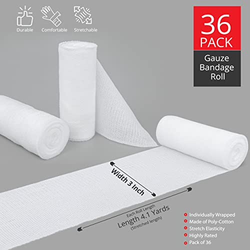 Gauze Rolls Individually Wrapped Pack Of 36, 3 Inches X 4.1 Yards, Premium Quality Conforming Bandages With Bonus Medical Tape #TOP1