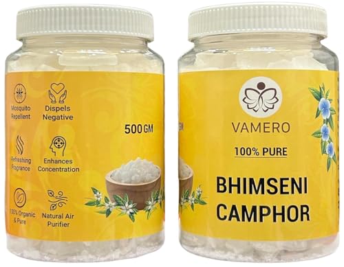 VAMERO Pure Bhimseni Camphor Kapoor 5 KG (500g X 10 Jars) | 100% Pure Bhimseni Camphor | Purifying & Pleasant Fragrance for Pooja, Hawan, Air Freshener, Meditation, 5 KG