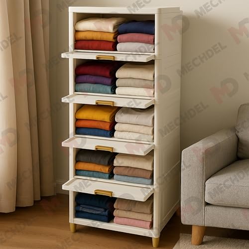 Image of mechdel Plastic Rack /Kitchen Cupboard /Cupboard Rack /Stackable Rack /Wardrobe for Clothes /Multipurpose Organizer /Closet for Bedroom /Living Room /Laundry Room /Bookshelf (Cupboard Rack-White, 5PCS)