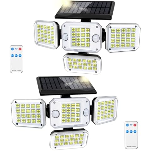 Solar Outdoor Lights - 3500LM 296 LED 7000K Dual Motion Sensor Flood Lights, 4 Heads IP65 Waterproof Powered Security Lights, 330°Wide Lighting Angle Wall Light with Remote Control for Yard (2 Pack) Cover