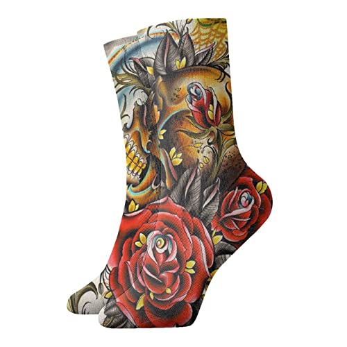 Calcet¨ªn divertido para hombre y mujer, 30 cm, dise?o de calavera, rosas arco¨ªris, esqueleto de flores, impresi¨®n 3D, atl¨¦tica, tubo deportivo, medias para correr, fitness, uso diario