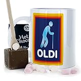 Hairyworm Aldi Inspired Funny Oldi Mug and Belgian Milk Chocolate/Hot Chocolate Stirrer Marshmallow Gift Set, (11oz) White, Yellow, Blue, Black, Pink Mug Dad Mug, Father's Day Mug - Image 1