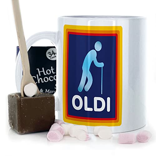 Hairyworm Aldi Inspired Funny Oldi Mug and Belgian Milk Chocolate/Hot Chocolate Stirrer Marshmallow Gift Set, (11oz) White, Yellow, Blue, Black, Pink Mug Dad Mug, Father's Day Mug