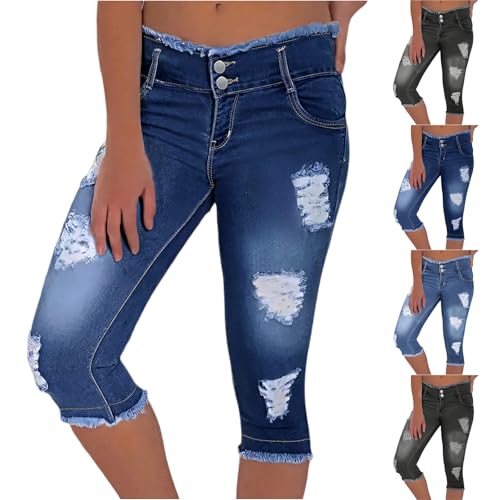 Stretchy Capri Jeans for Women Low Rise Cropped Ripped Skinny Jeans Raw Hem Distressed Denim Jeggings with Pockets