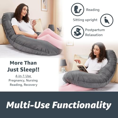 Image of Amazon Basics Full Body Pregnancy Pillow for Maternity,Baby Nursing,Full Body Support-|Perfect Baby Shower Gift|J-Shaped-Washable Cover with Zip - Grey, Velvet (EVAB JS PP GY)
