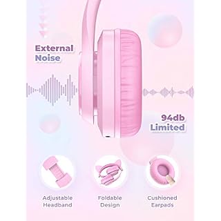 iClever Casque Audio Enfant à Oreilles de Chat Lumineuses LED avec Microphone, Port partagé, Volume limité à 94dB pour… – Image 5