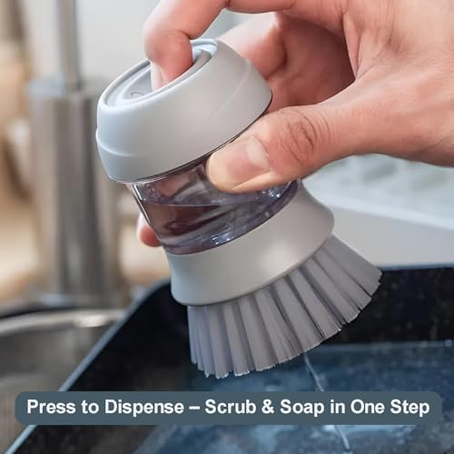 Image of Dish Brush with Soap Dispenser, Kitchen Dish Scrubber Brush for Dish Pot Pan Sink Cleaning, with Holder Drip Tray Replacement Head