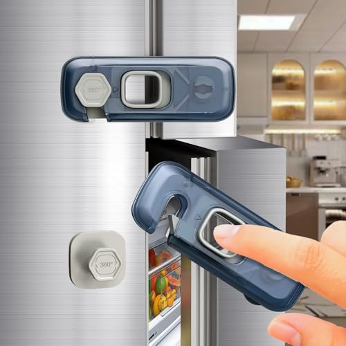 Paquete de 2 cerraduras de nevera con autoadhesivo, pestillo de refrigerador para niños, niños pequeños y niños, cerradura de puerta de congelador a prueba de niños y bebés, para armarios y cajones