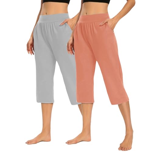 2PC Women's High Elastic Capris Pant Stretch Side Pocket Sweatpant Solid Casual Cropped Trouser