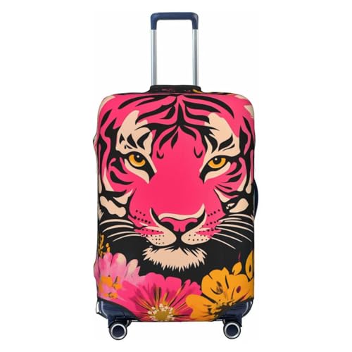 Pink Tiger With Flowers Elastic Travel Luggage Covers Dustproof Scratch-Resistant Suitcase Protector Fit 22-24 Inch