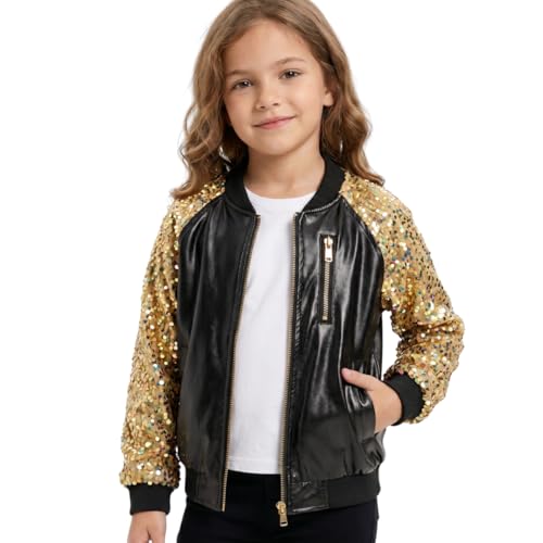 Image of WELAKEN Girls Sequin Sparkle Zip Bomber Jacket | Sequin sleeves, shiny bomber style, ribbed trim, smooth zipper and side pockets for party, dance, school and photos