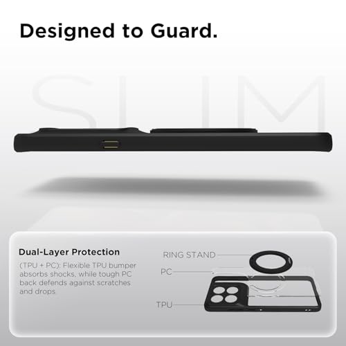 Image of RIGGEAR Shockproof Sleek Hybrid Armor 360 Rotating Magnetic Ring Stand Back Cover Case Compatible with MagSafe Accessories for Motorola Moto Signature 5G (Clear PC + Black TPU Bumper)
