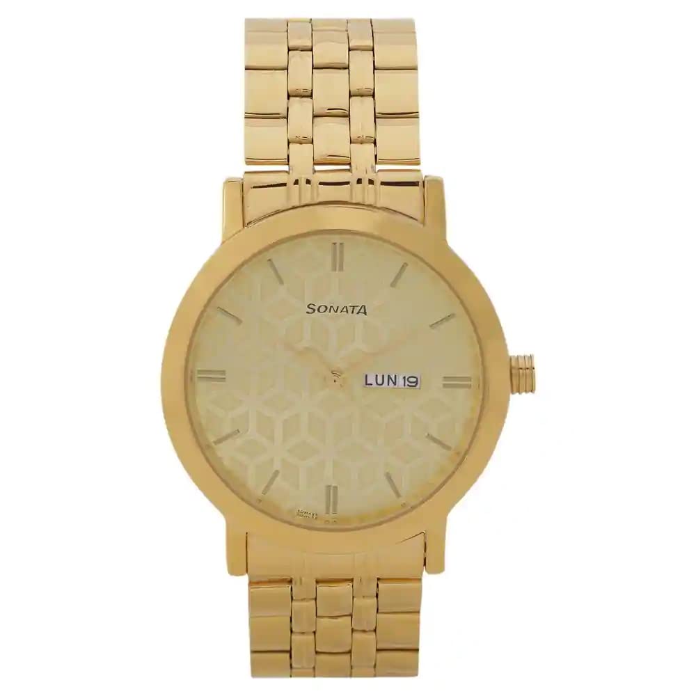 Sonata Quartz Analog with Day and Date Golden Dial Stainless Steel Strap Watch for Men-NR77108YM03 (B0BS3L261C) Amazon Price History, Amazon Price Tracker