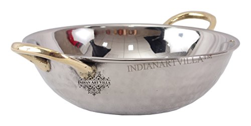 Indian Art Villa S/S Double Wall Kadai Wok Brass Round Handle|690 Ml Capacity|Serving Dishes #TOP2