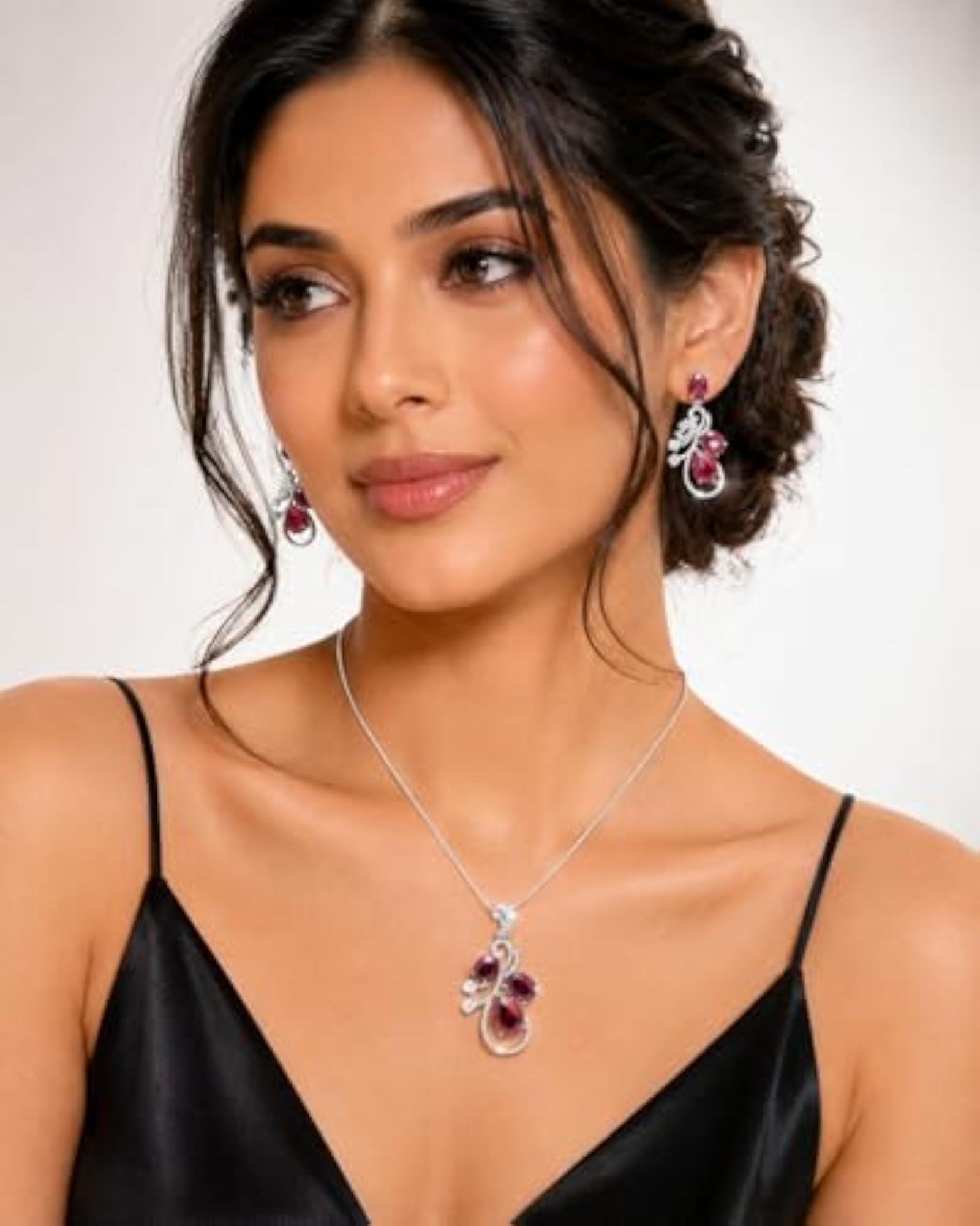 Women's Premium CZ Ruby Stone Pendant Set with Earrings in Rhodium Silver Polish