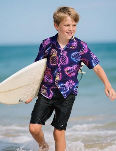 Yoimira Boys Hawaiian Shirt Neon Tropical Print Short Sleeve Button Down for Kids Age 7-144