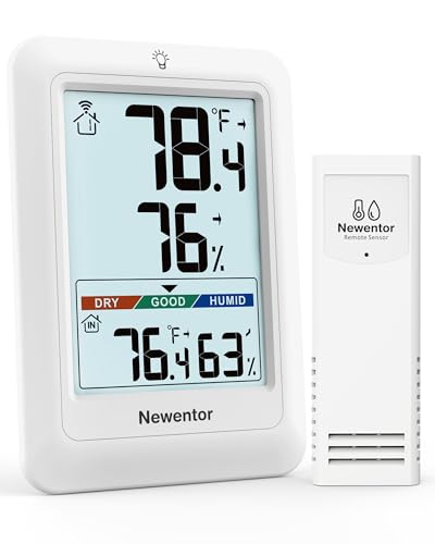 Newentor Indoor Outdoor Pool Thermometer, Remote Temperature Monitor Hygrometer, Outside Inside Thermometers with Comfort Indicator, White