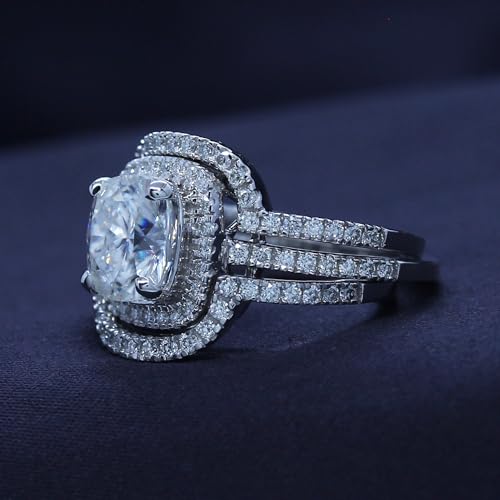 SAVEARTH DIAMONDS Cushion Cut Lab Created Moissanite Engagement Ring & Double Wedding Band Halo Bridal Set, Wedding Rings Bands in 14k Gold Plated 925 Sterling Silver (3.50 Cttw, G-H/VVS1)3
