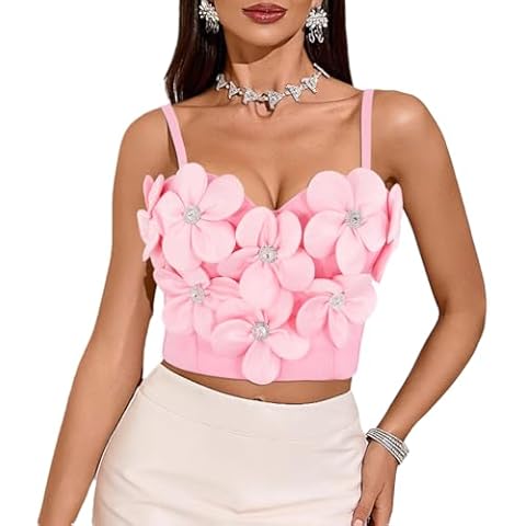 Giovacker Women's Spaghetti Strap Corset Bustier Pretty Flowers Rhinestone Crop Tops Party Festival Outfits Camis Vest Bra, Pink/L Cover