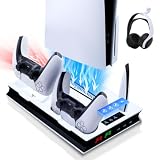Tolesum Supporto Verticale di Raffreddamento per PS5/PS5 Pro/PS5 Slim Stazione di Ricarica per Controller Doppi con 3 Livelli di Ventola/Supporto per Cuffie per PS5/PS5 Slim UHD/Digital Edition