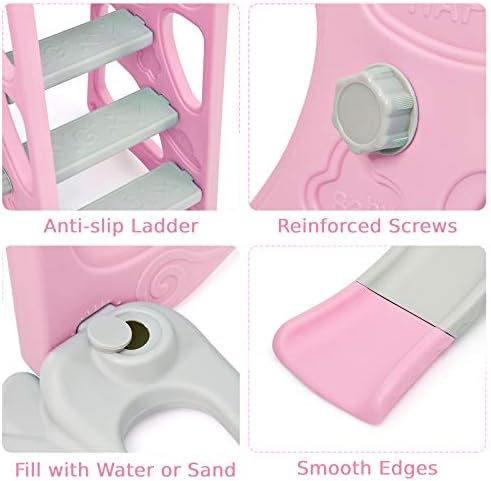 COSTWAY 4-in-1 Toddler Climber and Swing Set with Removable Basketball Hoop, Long Slide, Easy Climb Ladder, Children Play Area for Outdoor and Indoor (Pink+Grey)