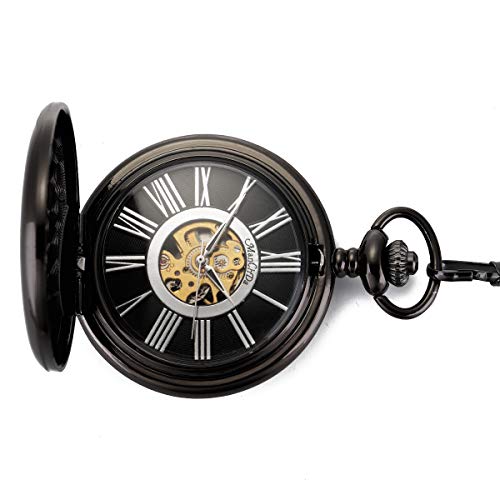 ManChDa Classic Mechanical Smooth Double Black Case Roman Numberals Pocket Watch Fob for Men Women