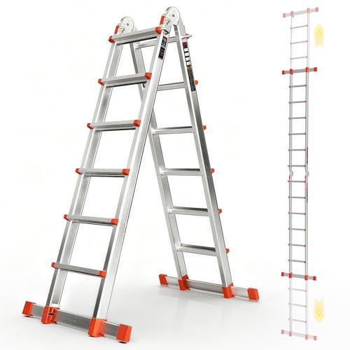 Soctone Telescoping Ladder A Frame Ladder Multi Position with Stabilizer Bar 330 lbs Security Load Ladder for Stairs Household or Outdoor Roof 22 Ft Orange