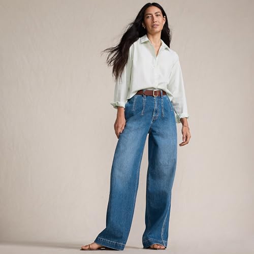 Lands' End Women's Petite Soft Denim High Rise Wide Leg Top Stitch Trousers4