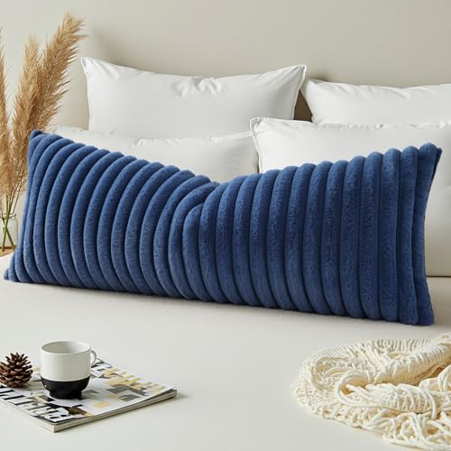 Image of decorUhome Fall Cozy Faux Fur Throw Pillow Covers 14x36 Pack of 1 Decorative Soft Plush Striped Lumbar Coastal Modern Farmhouse Boho Couch Pillow Cases with Velvet Back for Sofa Bed, Navy Blue