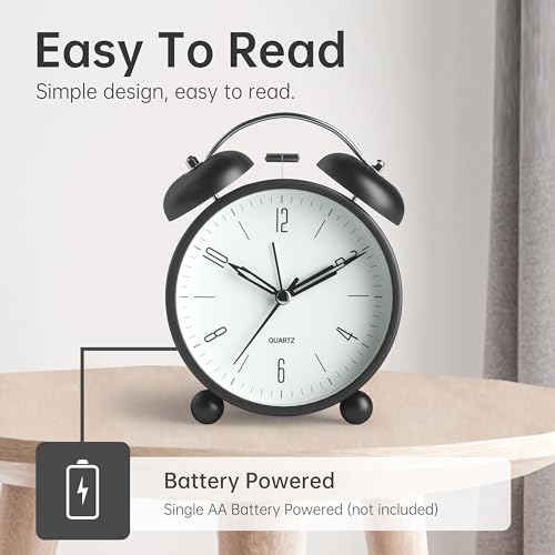 Image of Twin Bell Loud Alarm Analog Alarm Clock, 4 inch Super Silent Non Ticking Small Clock with Night Light, Battery Operated, Simple Design, Old Fashioned, for Heavy Sleeper, Bedroom, Bedside, Desk, Black