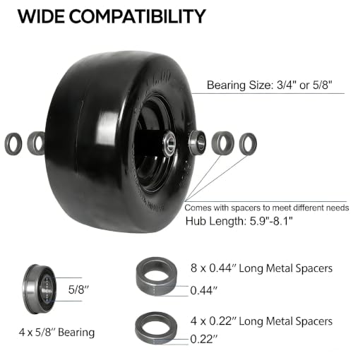 Image of 2 Pack 11x6.00-5 Flat Free Lawn Mower Tires & Wheel Assembly, Universal Fit, 5.9 inch-8.1 inch Centered Hub, 5 /8 inch & 3 /4 inch Bearings, Turf Tires for Lawn Mowers & Tractors