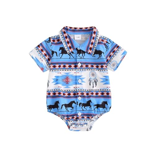 Image of KtwHarnu Western Baby Boy Clothes Cow Print Shirt Romper Short Sleeve Button Down Bodysuit Cowboy Summer Outfit (Western Vintage Print, 6-9 Months)