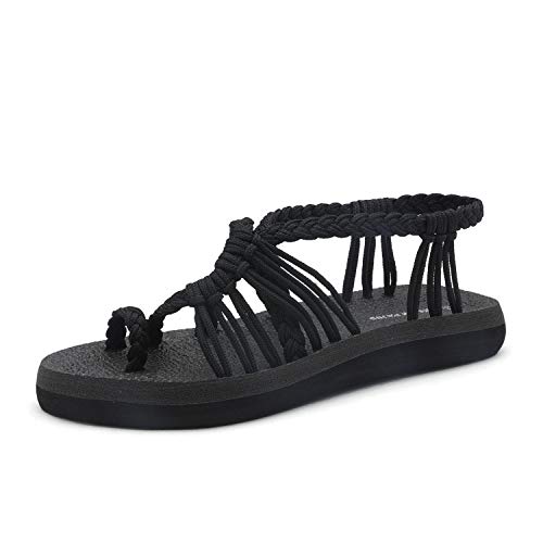 DREAM PAIRS Women s Black Flat Sandals Summer Braided Strap Yoga Comfortable Beach Sandals Size 9 M US Athena_10
