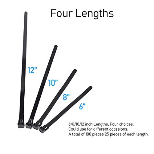Helonge Reusable Zip Ties, 100 Pcs Assorted Fastening Cable Zip Ties 6" 8" 10" 12" Four Length Heavy Duty Nylon Self Locking Wire Ties #TOP2