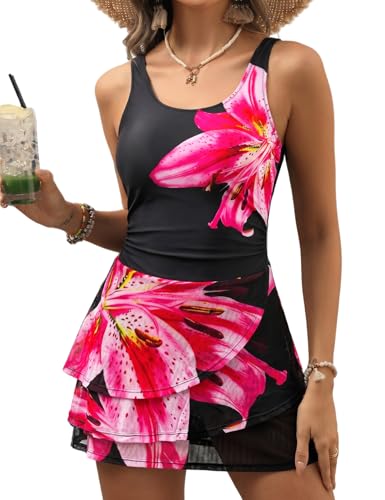 Image of VIMPUNEC Women One Piece Swim Dress Swimsuit Tummy Control Modest Swim Skirt Bathing Suit