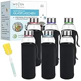 Wenburg Glasflaschen 500ml, 6 St. im Set + Reiningungsbürste, Stabile Trinkflaschen aus Glas für Säfte, Tee, Wasser, Smoothies. Geeigntet für Erwachsene, Kinder. (Mit Schutzhüllen in schwarz, 0,5 l)