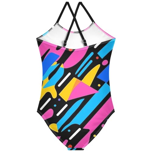 Pigsaly Girls One Piece Swimsuits Retro Cartoon 80s 90s Memphis Kids Cross Back Swimwear Toddler Beach Sport Bathing Suit 3T2