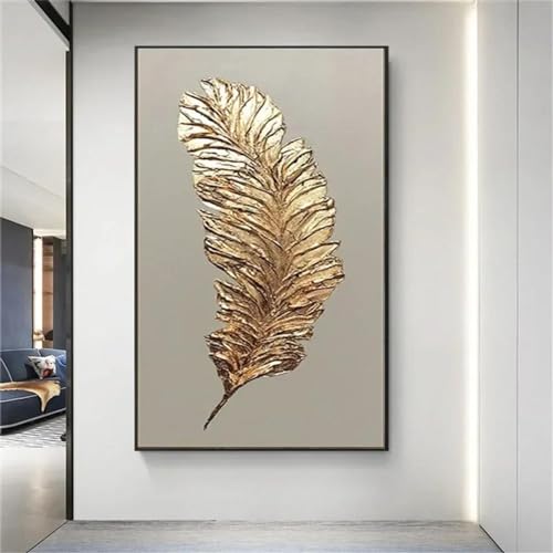 Décor de chambre peinture abstraite plume dorée grand format 60x145 cm