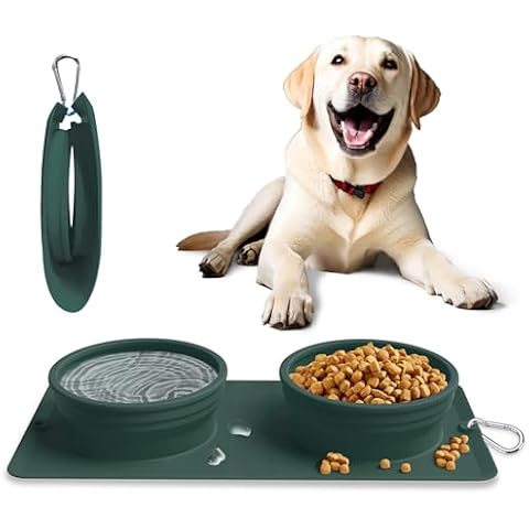 Collapsible Portable 2-in-1 Dog Bowl, Travel Dog Bowl Integrated, Silicone Foldable Expandable Food Water Bowl with Carabiner - Anti-Spill and Anti-Skid - for Camping/Traveling LPFLASAT (Dark Green) Cover